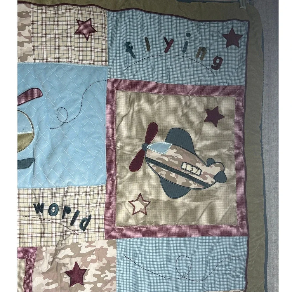 Baby Martex Airplane Helicopter Quilted Baby Blanket Blue Camo Plaid 42x36